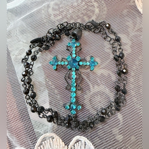Elegant Black and Blue Cross Pendant Necklace - Picture 2 of 9